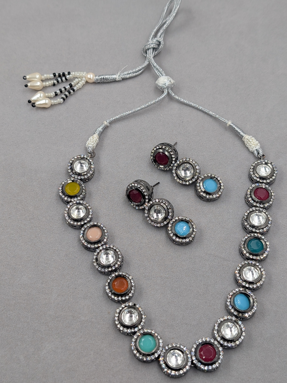 Indian Kundan Style Multicolor Rhinestone Necklace & Earrings Set | 0353